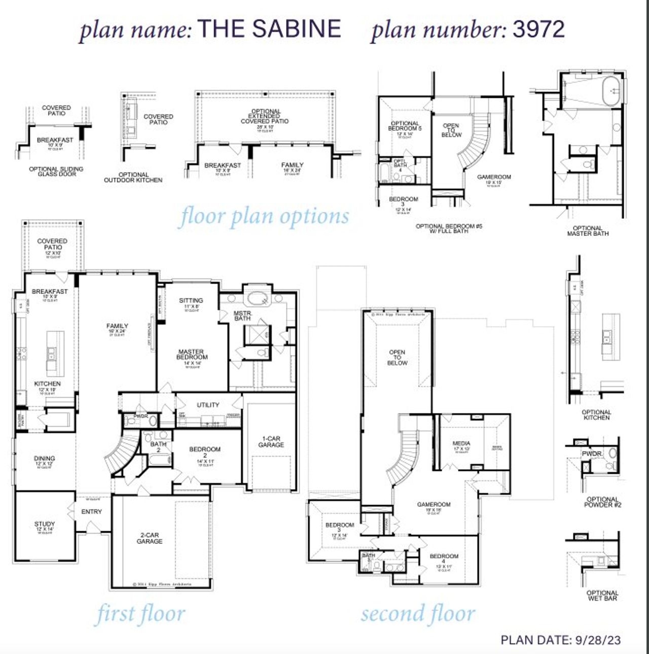 2D floor plan layout for the Sabine 3972 by J. Patrick Homes in Jordan Ranch 70' Lots, Fulshear, TX (Image 2).