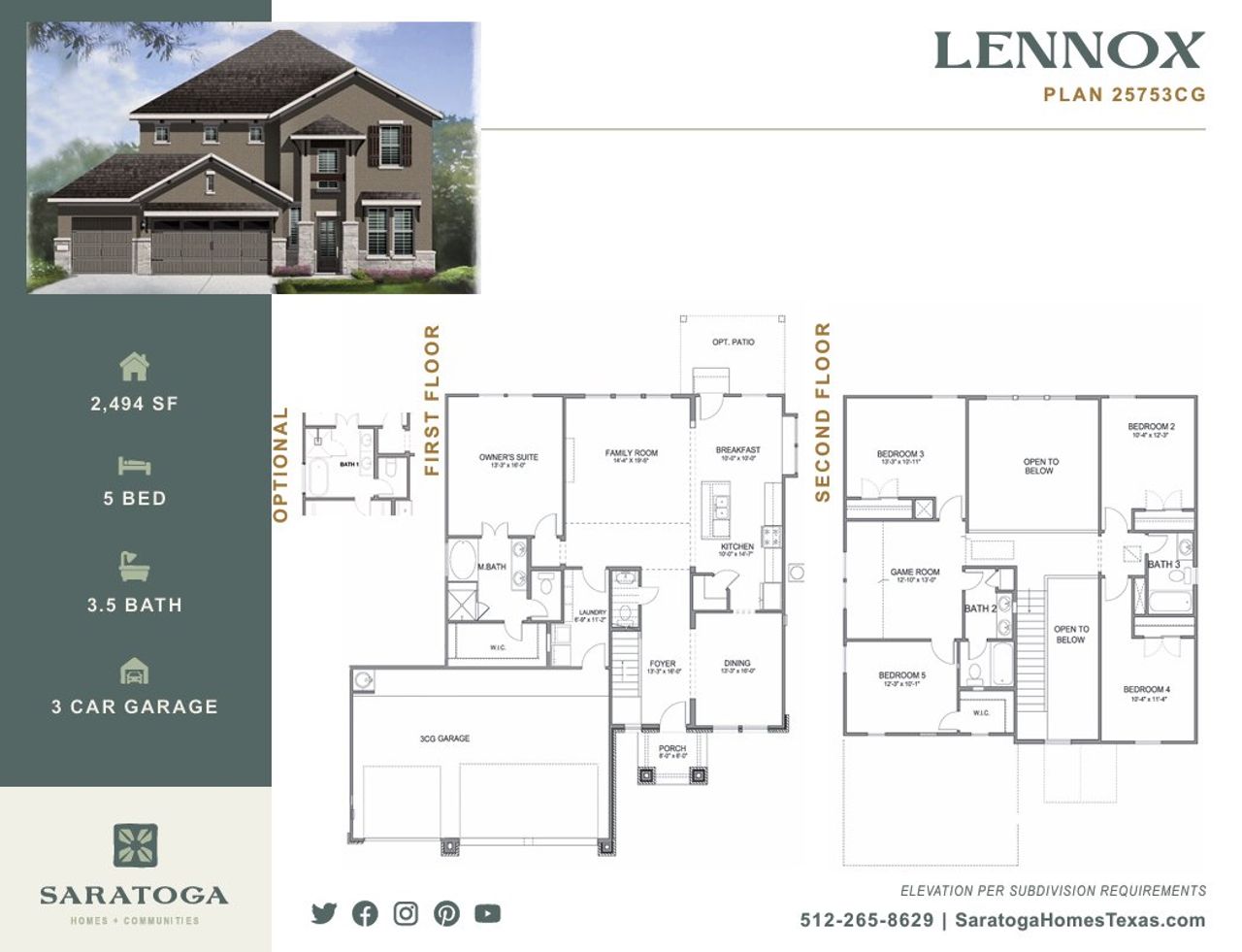 2D floor plan layout for the 2575SL LENNOX by Saratoga Homes in SilverLeaf, Cedar Creek, TX (Image 2).