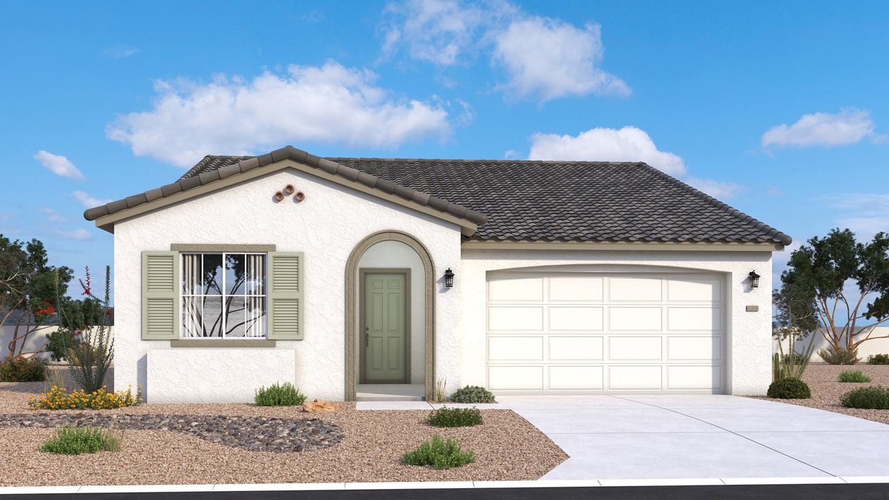 Spanish-style Bartlett home exterior with warm stucco, tiled roof and classic architectural details by DRB Homes in Arizona.