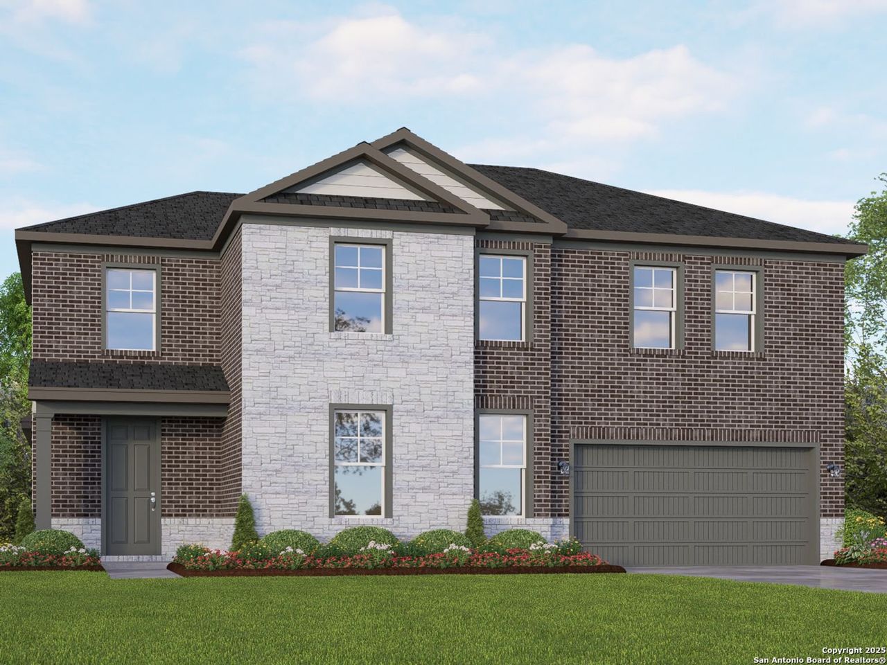 Front exterior of a new home in The Reserve at Potranco Oaks, Castroville, TX, highlighting curb appeal (Image 2).