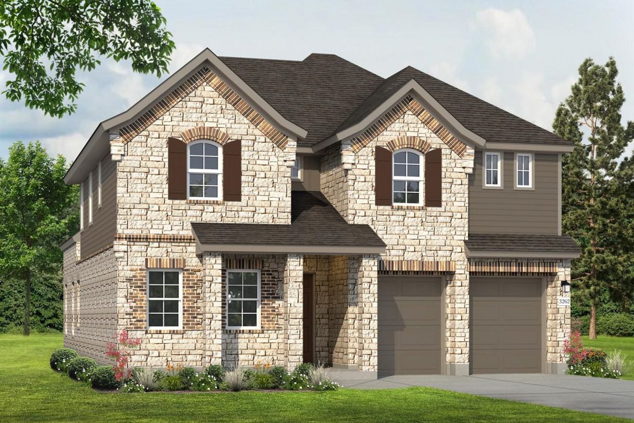 Representative exterior photo of a completed home built from the Oaks 3262 by Brohn Homes in Oaks at San Gabriel, Georgetown, TX (Image 2). Representative exterior photo of a completed home built from the Oaks 3262 by Brohn Homes in Oaks at San Gabriel, Georgetown, TX (Image 2).