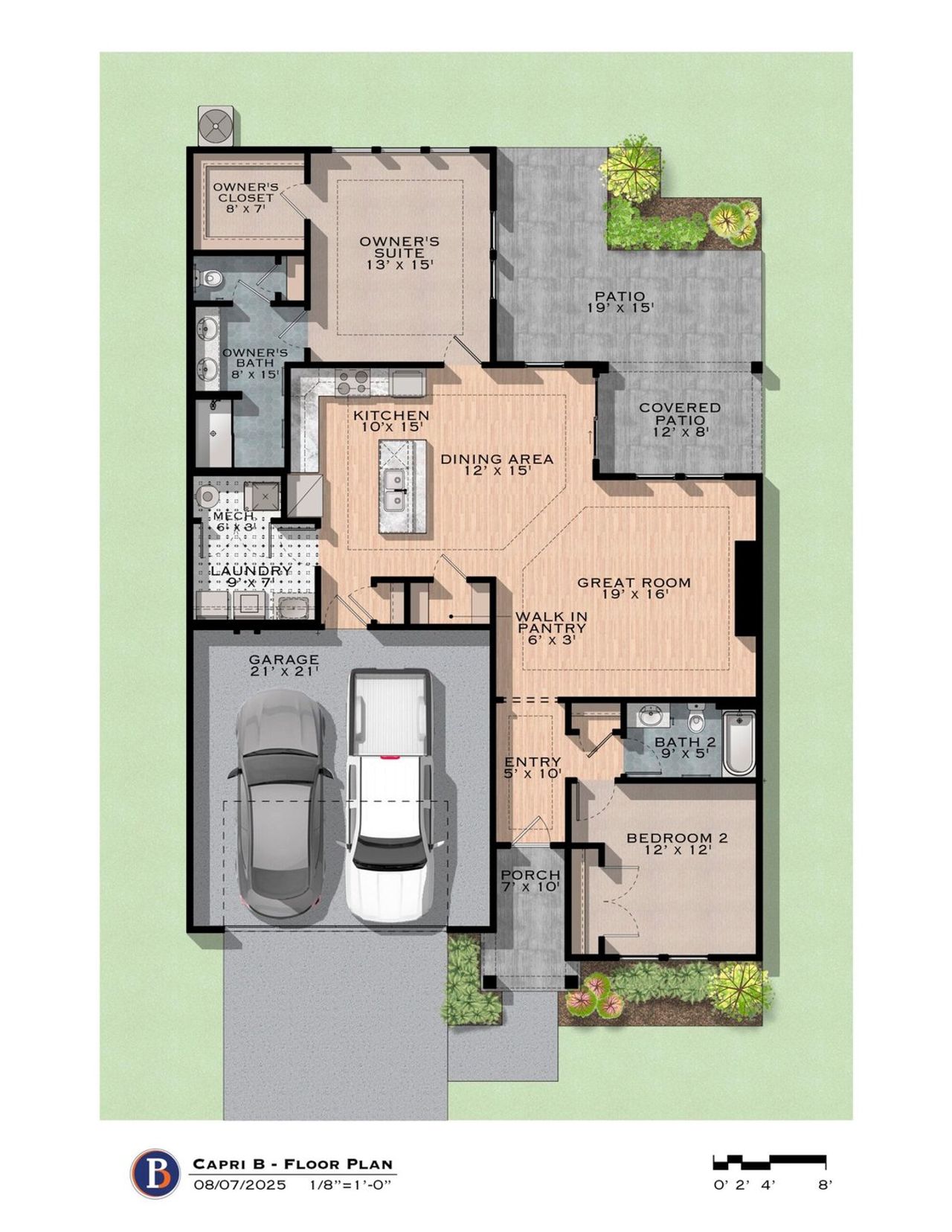 2D floor plan layout for the Capri IV by Perfection Builders in The Courtyards at Curry Farms, Louisville, KY (Image 2).