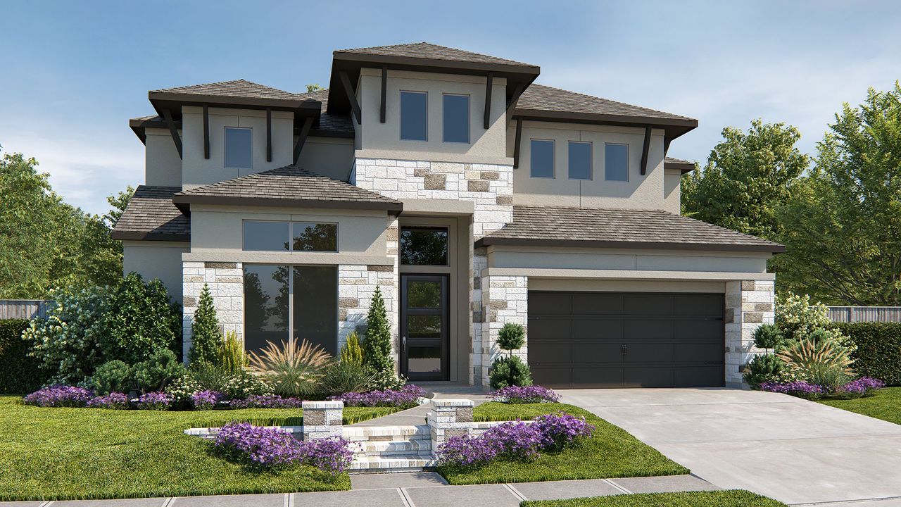 Representative exterior photo of a completed home built from the Design 3395M by Perry Homes in Artavia 55' - Valencia, Conroe, TX (Image 2).