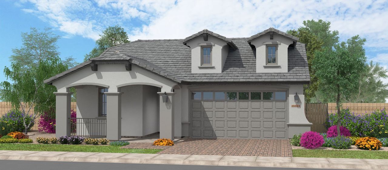 Front exterior of a new home in Ridgeline at Acclaim, Avondale, AZ, highlighting curb appeal (Image 2).