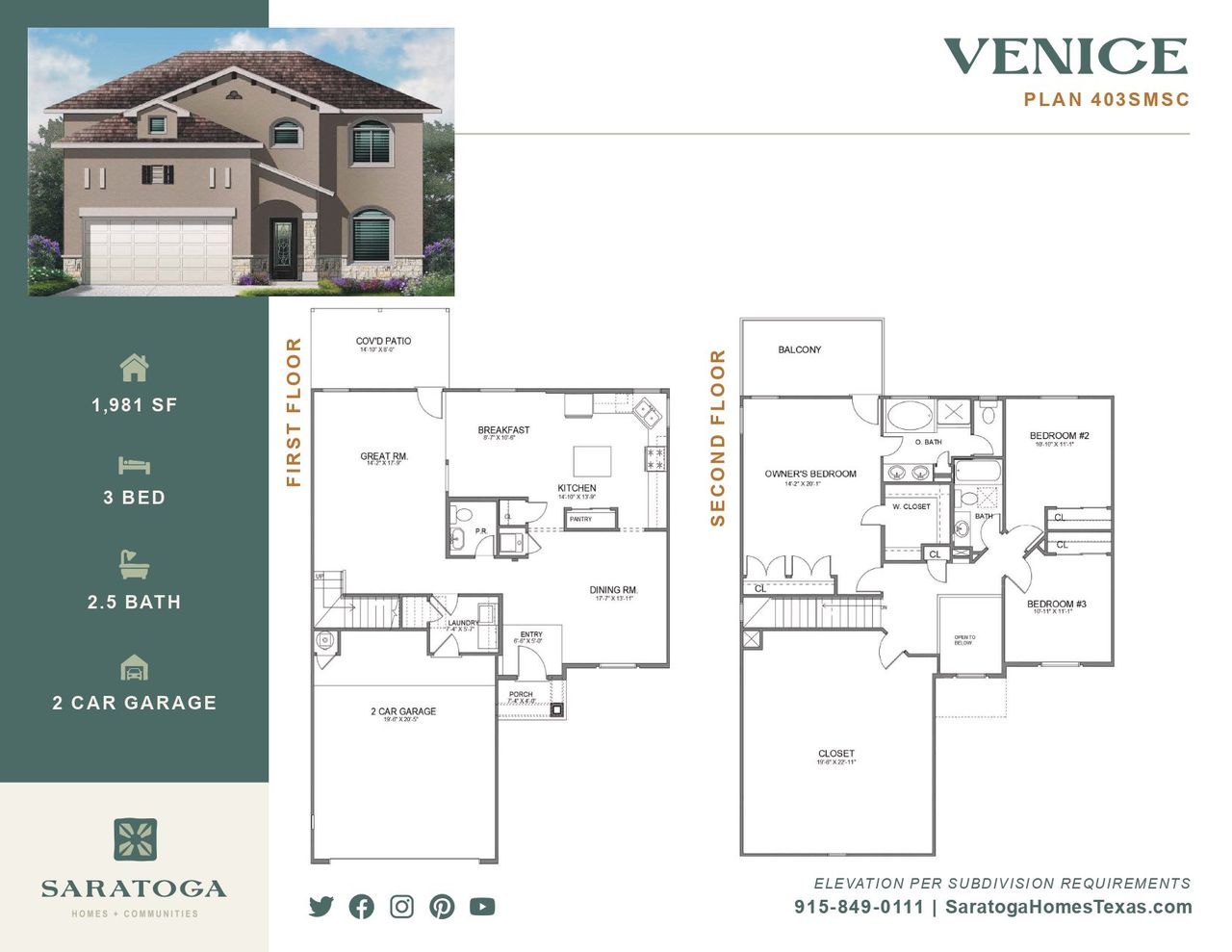 2D floor plan layout for the The Venice – 403SMSC3CG by Saratoga Homes in Crossland, El Paso, TX (Image 2).