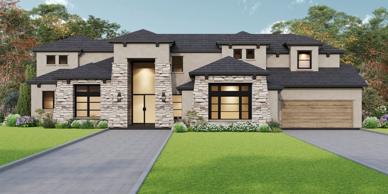 Front exterior of a new home in Harvest Green, Richmond, TX, highlighting curb appeal (Image 2).