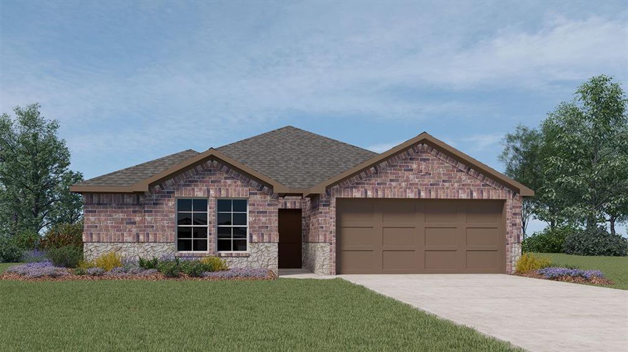 Front exterior of a new home in Cartwright Ranch, Crandall, TX, highlighting curb appeal (Image 2).