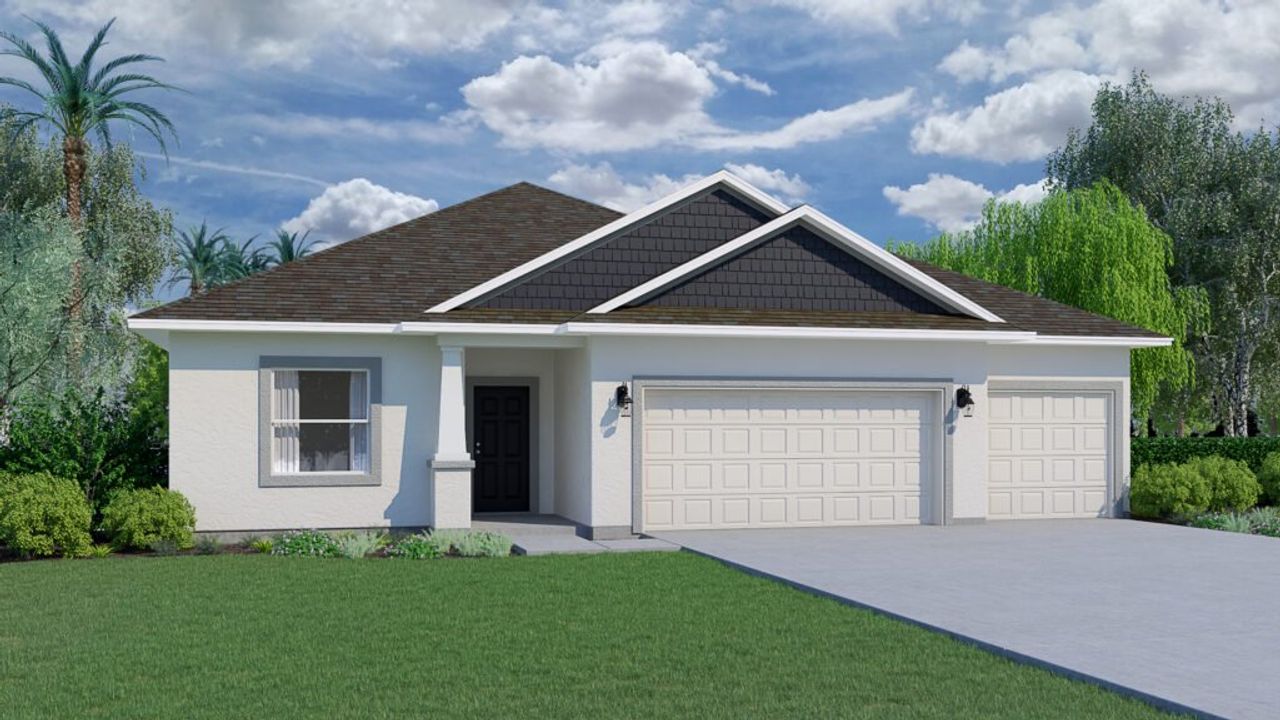 Front exterior of a new home in Lakes At St Sebastian, Micco, FL, highlighting curb appeal (Image 2).