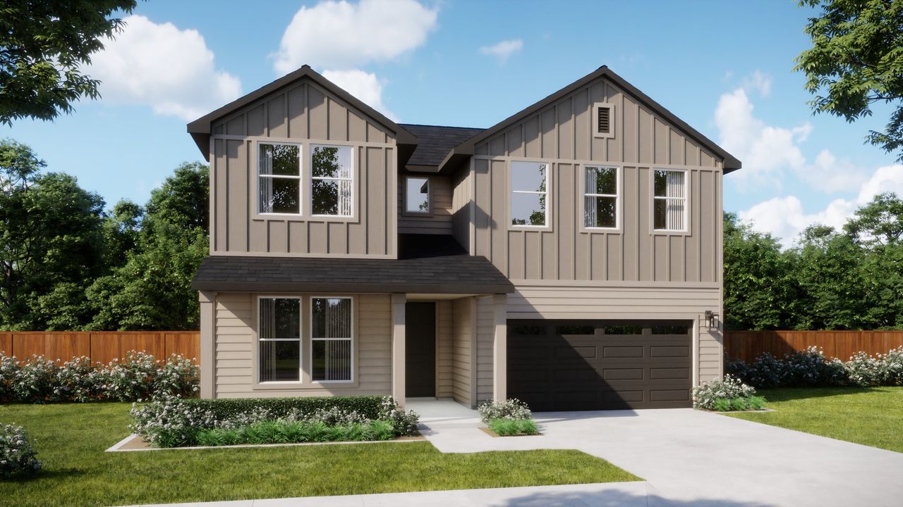 Representative exterior photo of a completed home built from the 4057 by Risewell Homes in Freedom at Anthem, Mountain City, TX (Image 2). Representative exterior photo of a completed home built from the 4057 by Risewell Homes in Freedom at Anthem, Mountain City, TX (Image 2).