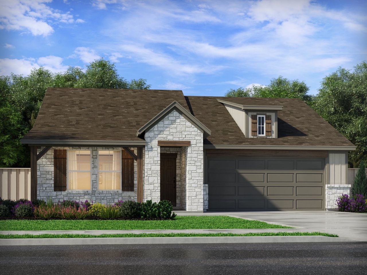 Representative exterior photo of a completed home built from the The Oleander (401) by Meritage Homes in Colony at Cole Springs - Boulevard Collection, Buda, TX (Image 2). Representative exterior photo of a completed home built from the The Oleander (401) by Meritage Homes in Colony at Cole Springs - Boulevard Collection, Buda, TX (Image 2).