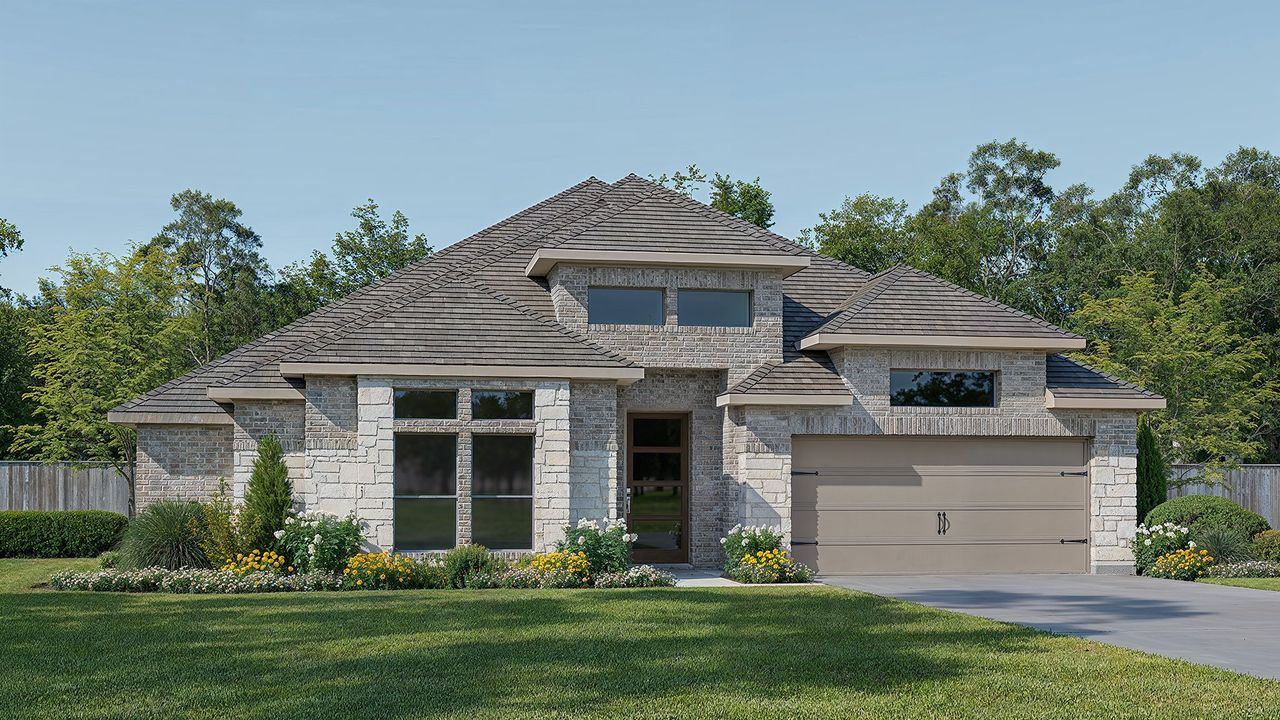 Representative exterior photo of a completed home built from the 3118P by Perry Homes in Audubon Park 60', Magnolia, TX (Image 2).