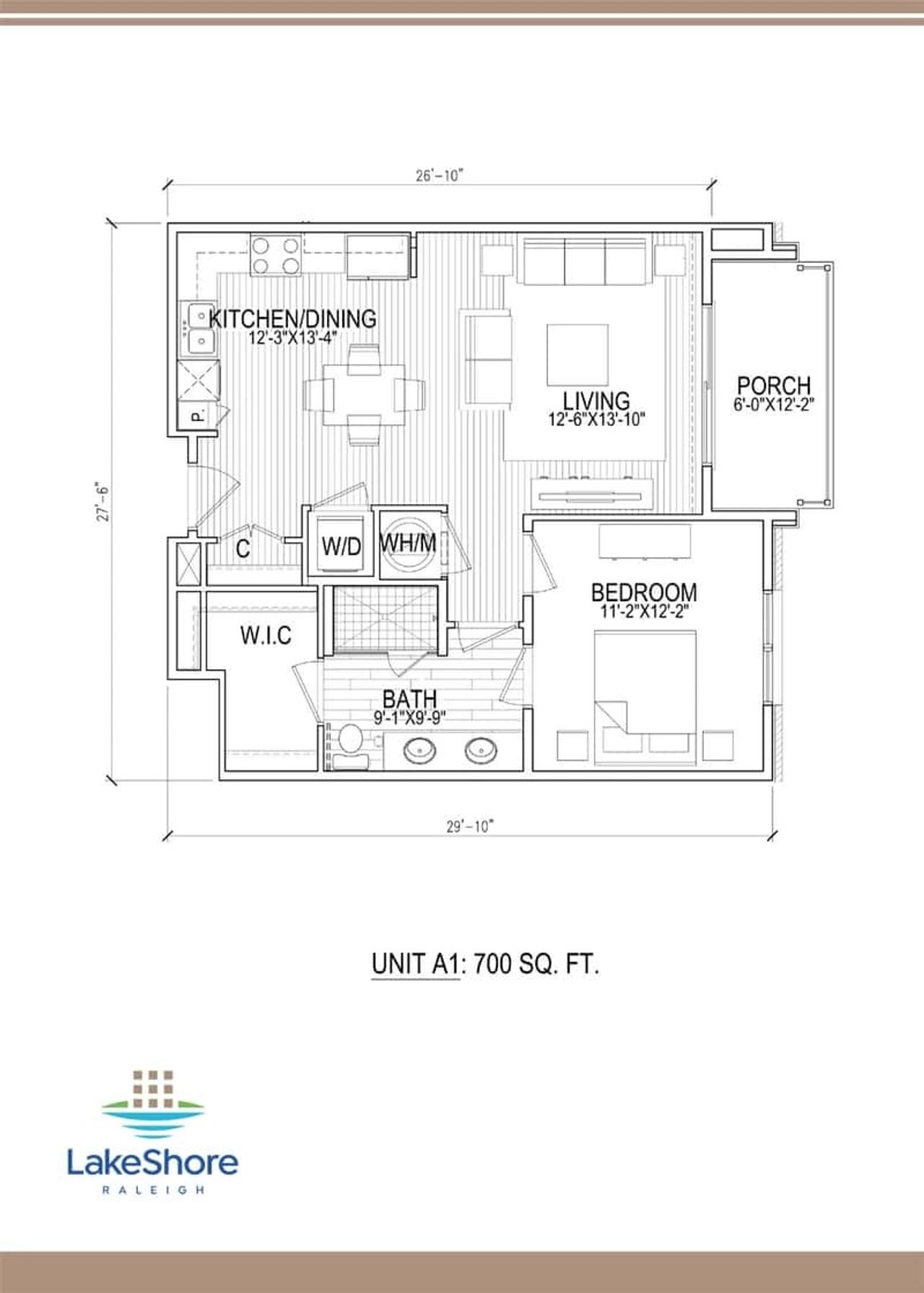 2D floor plan layout for the One bedroom by Holden Barnett in LakeShore Raleigh, Raleigh, NC (Image 2).