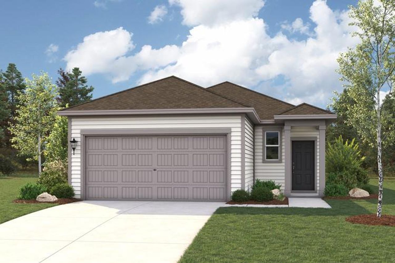 Front exterior of a new home in Trinity Ranch, Elgin, TX, highlighting curb appeal (Image 2).