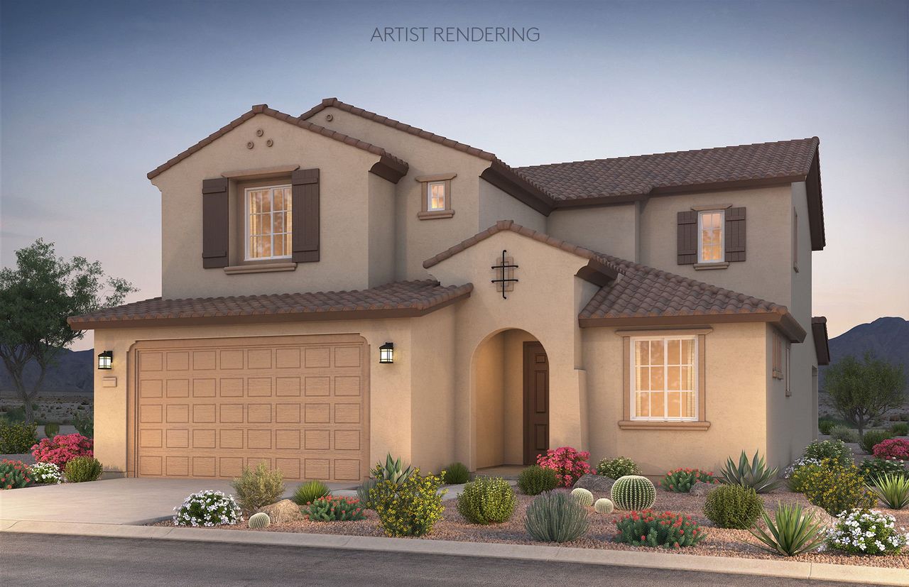 Front exterior of a new home in Artisan at Asante, Surprise, AZ, highlighting curb appeal (Image 2). Front exterior of a new home in Artisan at Asante, Surprise, AZ, highlighting curb appeal (Image 2).