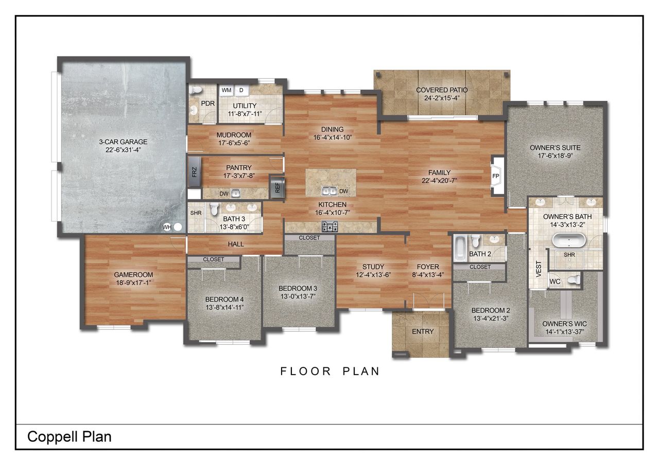 2D floor plan layout for the The Coppell by Kenmark Homes in Santana Ridge - Brock ISD, Weatherford, TX (Image 2).