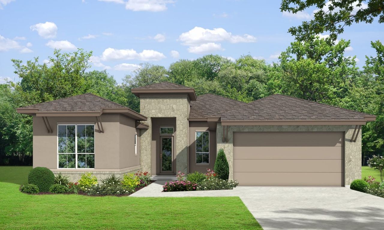 Representative exterior photo of a completed home built from the Leon by Sitterle Homes in El Sonido at Campanas, San Antonio, TX (Image 2). Representative exterior photo of a completed home built from the Leon by Sitterle Homes in El Sonido at Campanas, San Antonio, TX (Image 2).