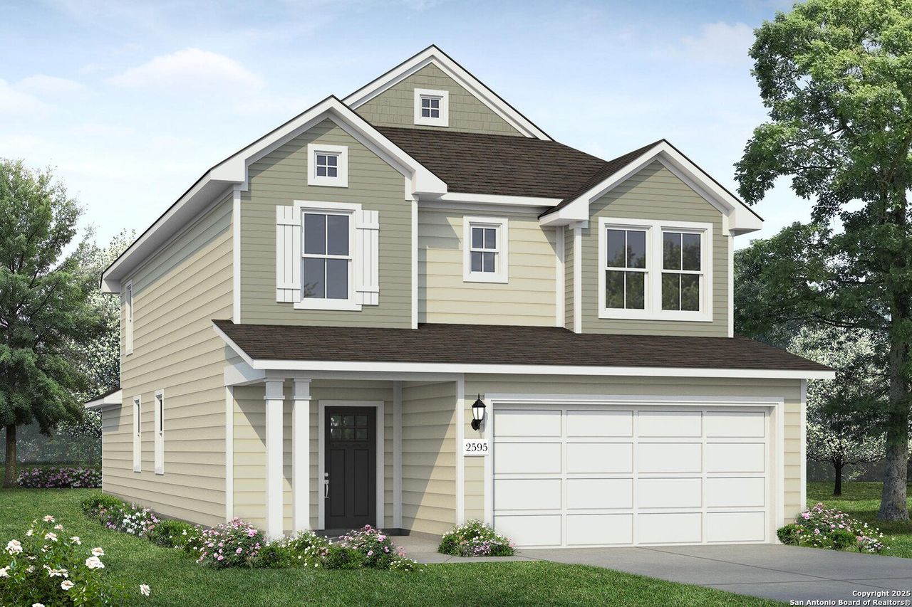 Front exterior of a new home in Hunters Ranch, San Antonio, TX, highlighting curb appeal (Image 2).