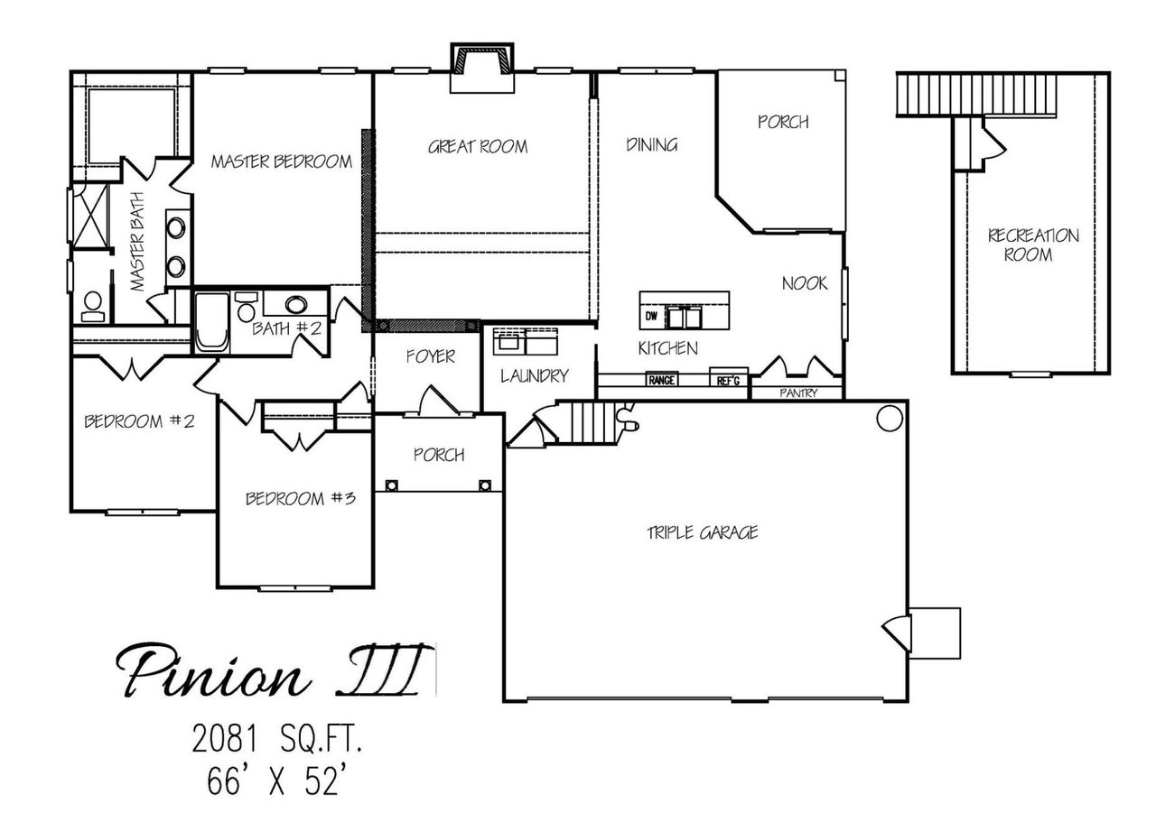 2D floor plan layout for the The Pinion III by Watermark Homes in South Creek, Fuquay Varina, NC (Image 2).