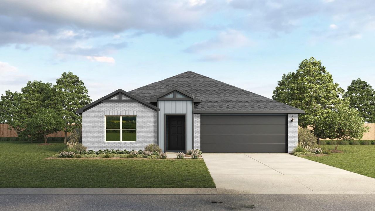 Front exterior of a new home in Monarch Ranch, Manor, TX, highlighting curb appeal (Image 2).