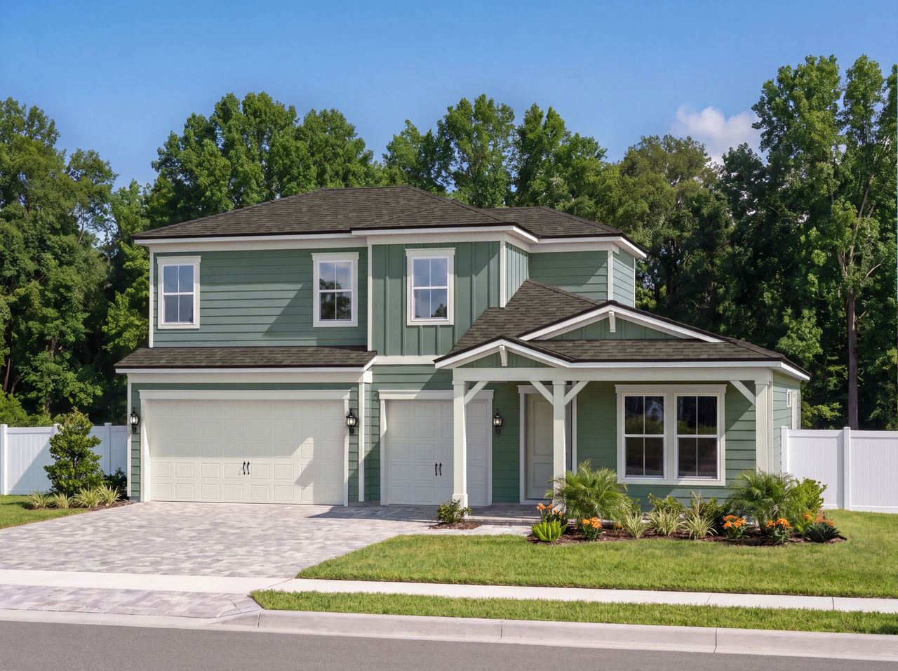 Representative exterior photo of a completed home built from the Mahogany Grand by Pulte Homes in Oakmere, Jacksonville, FL (Image 2). Representative exterior photo of a completed home built from the Mahogany Grand by Pulte Homes in Oakmere, Jacksonville, FL (Image 2).