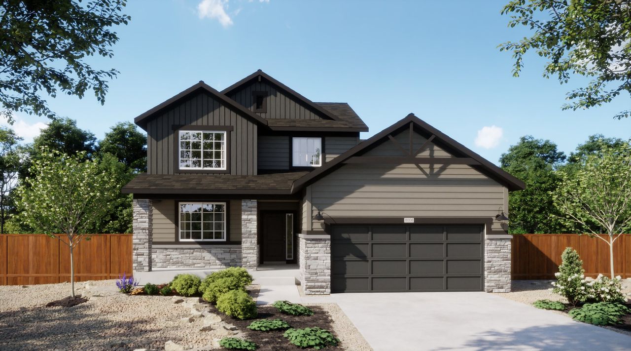 Representative exterior photo of a completed home built from the 4007 by Risewell Homes in Mead Crossing, Mead, CO (Image 2). Representative exterior photo of a completed home built from the 4007 by Risewell Homes in Mead Crossing, Mead, CO (Image 2).
