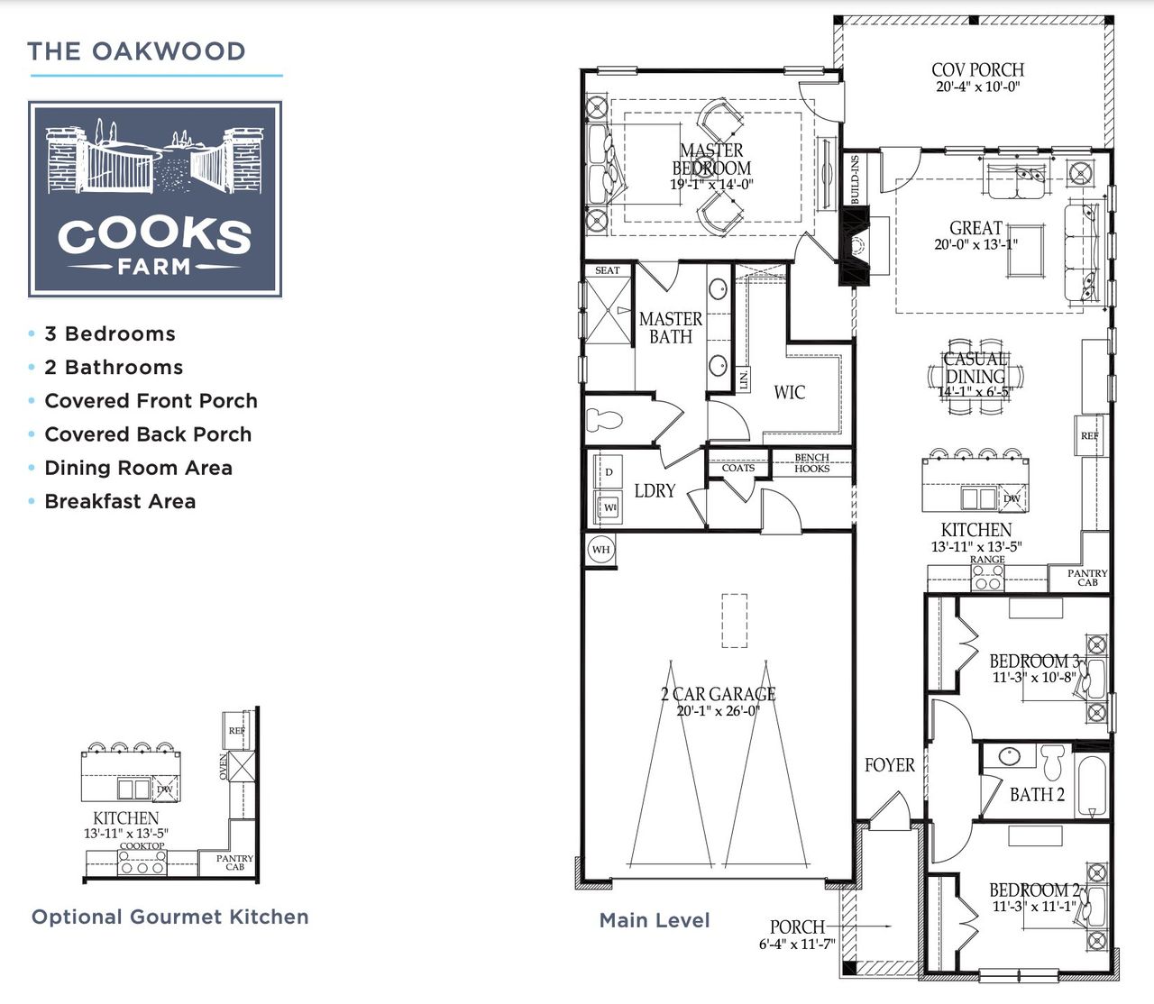 2D floor plan layout for the Oakwood by Southwyck Homes in Cooks Farm, Woodstock, GA (Image 2).