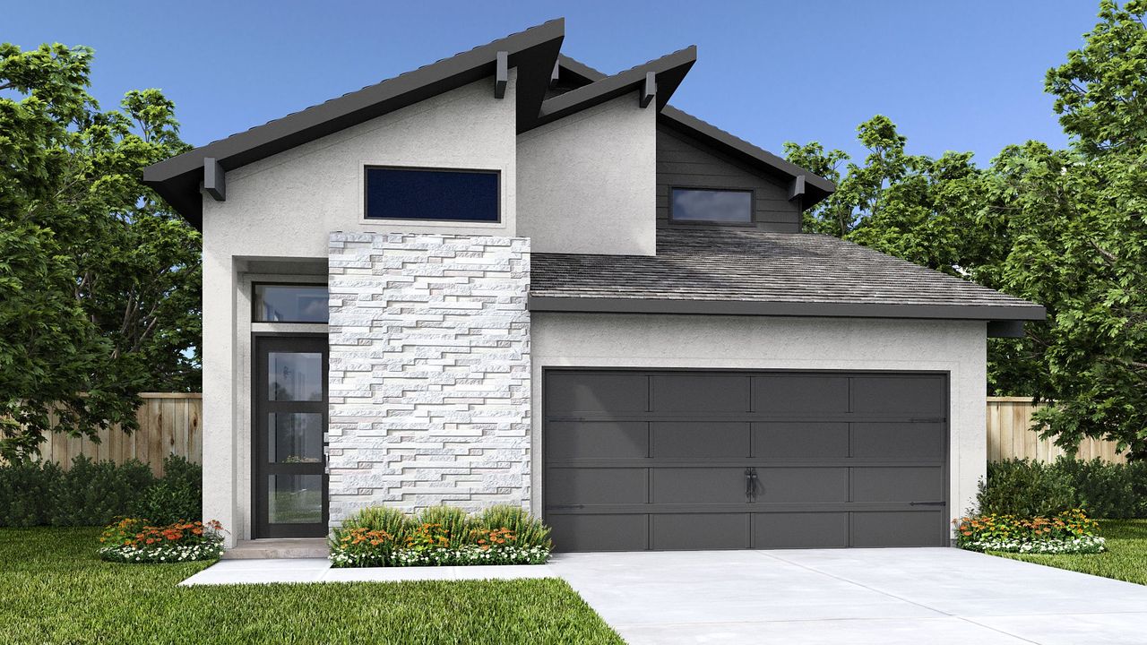 Representative exterior photo of a completed home built from the 2322O by Perry Homes in Solms Landing 45', New Braunfels, TX (Image 2). Representative exterior photo of a completed home built from the 2322O by Perry Homes in Solms Landing 45', New Braunfels, TX (Image 2).