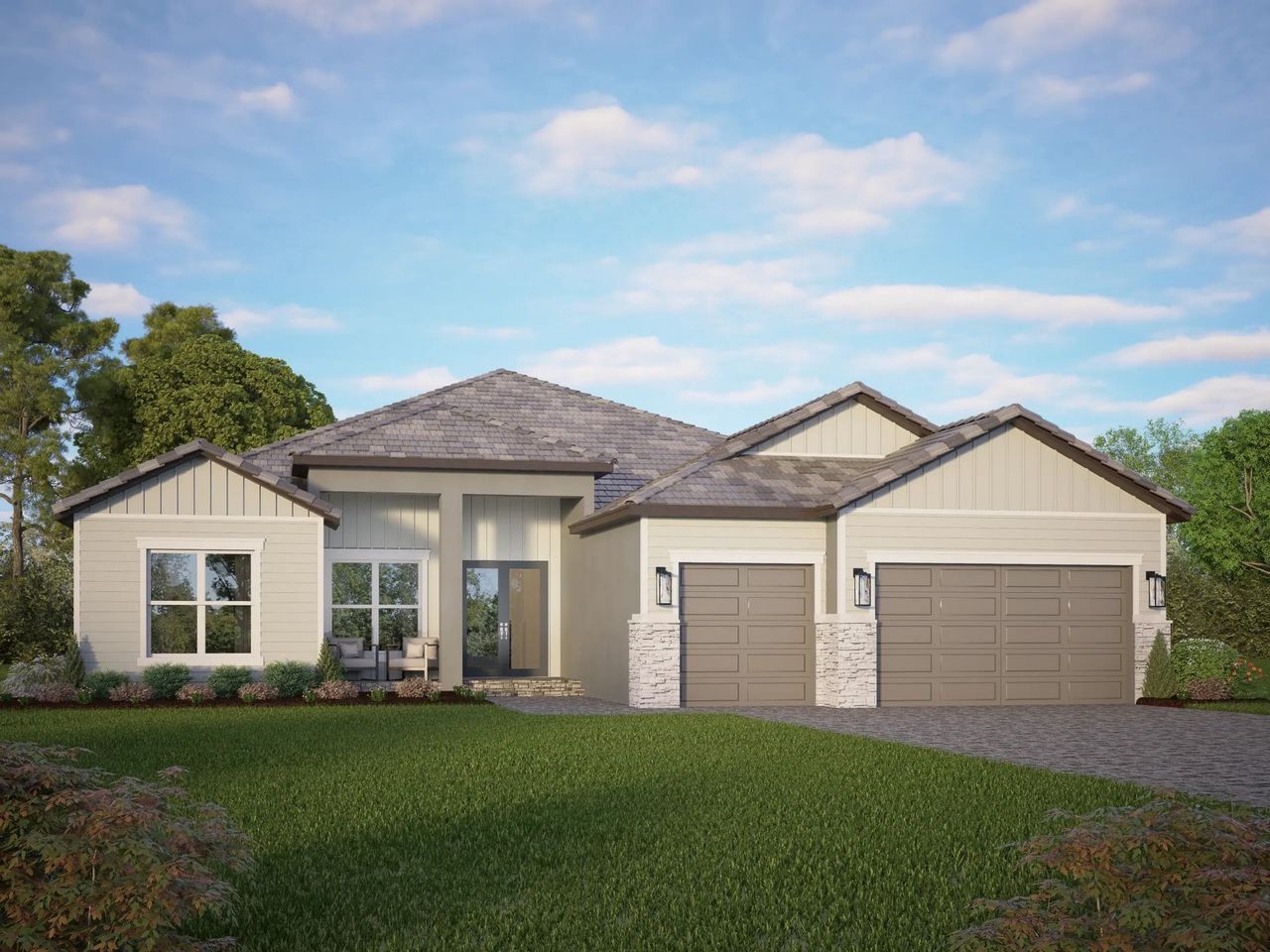 Representative exterior photo of a completed home built from the Sunrise by Sam Rodgers Homes in Arbour Lake Preserve, Sarasota, FL (Image 2).