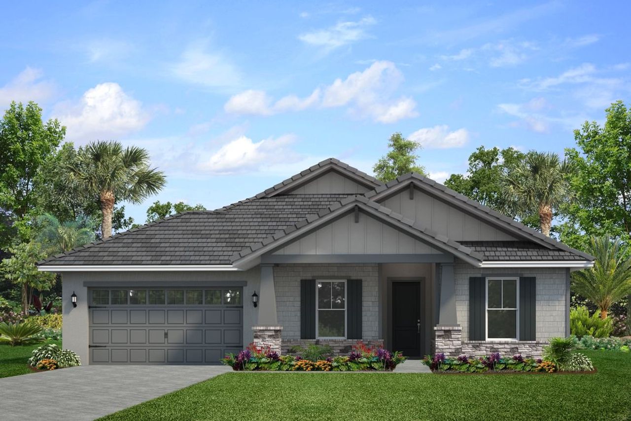 Representative exterior photo of a completed home built from the Catalina by Park Square Residential in Tamarack at Two Rivers, Zephyrhills, FL (Image 2). Representative exterior photo of a completed home built from the Catalina by Park Square Residential in Tamarack at Two Rivers, Zephyrhills, FL (Image 2).