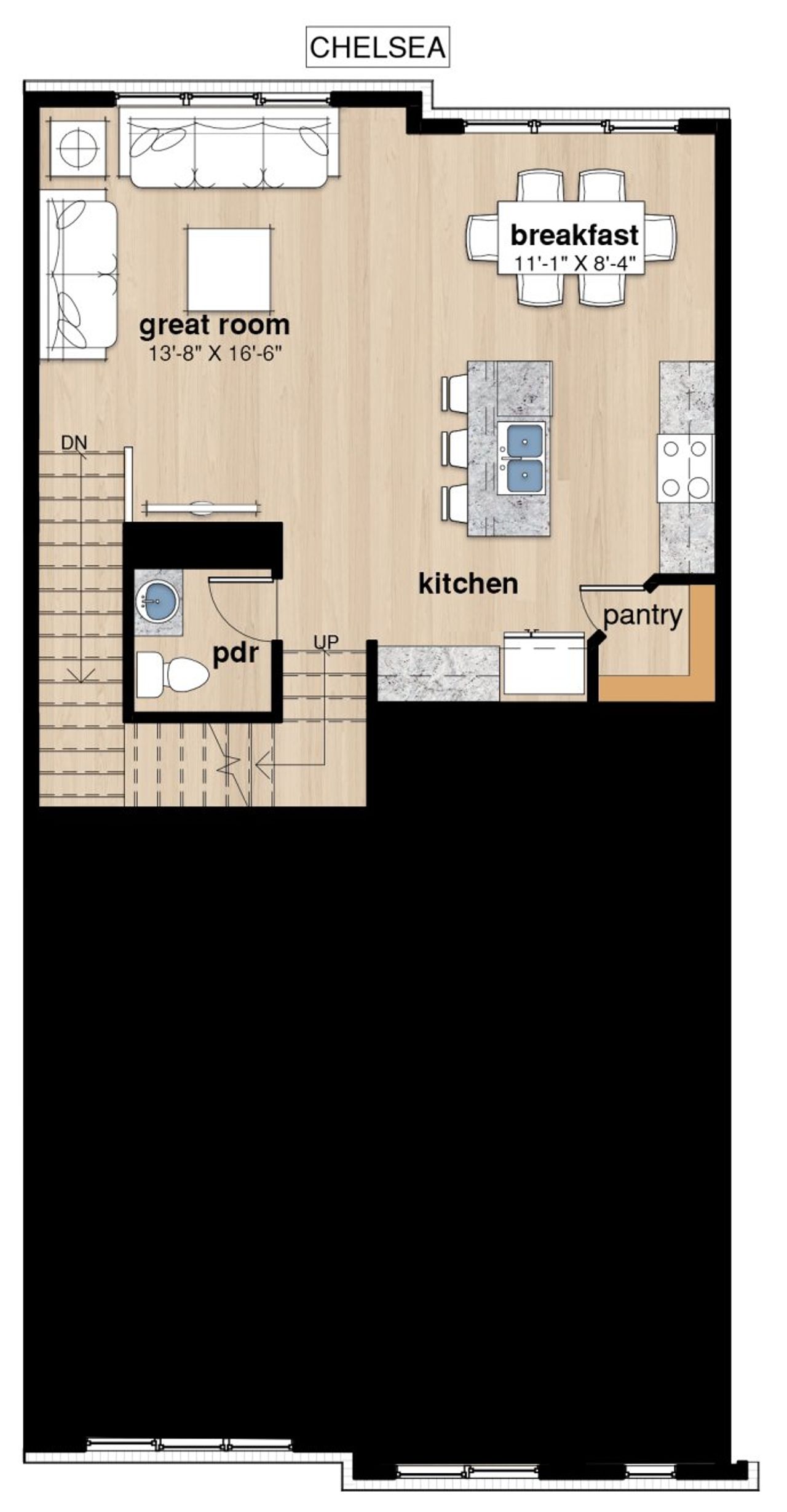 2D floor plan layout for the Chelsea by Envision Homes in Walker Row, Cary, NC (Image 2).