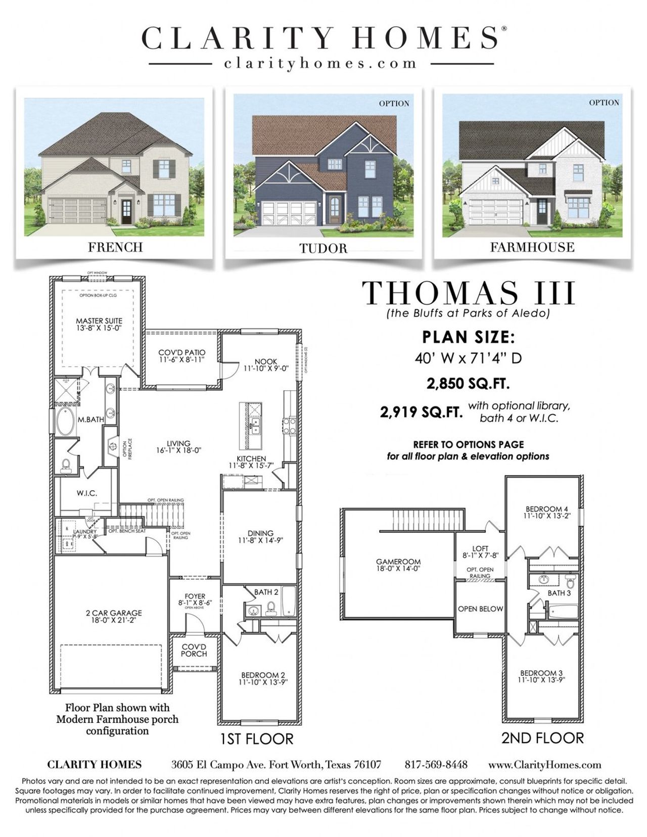 2D floor plan layout for the Thomas III by Clarity Homes in The Lakes At Park Of Aledo, Aledo, TX (Image 2).