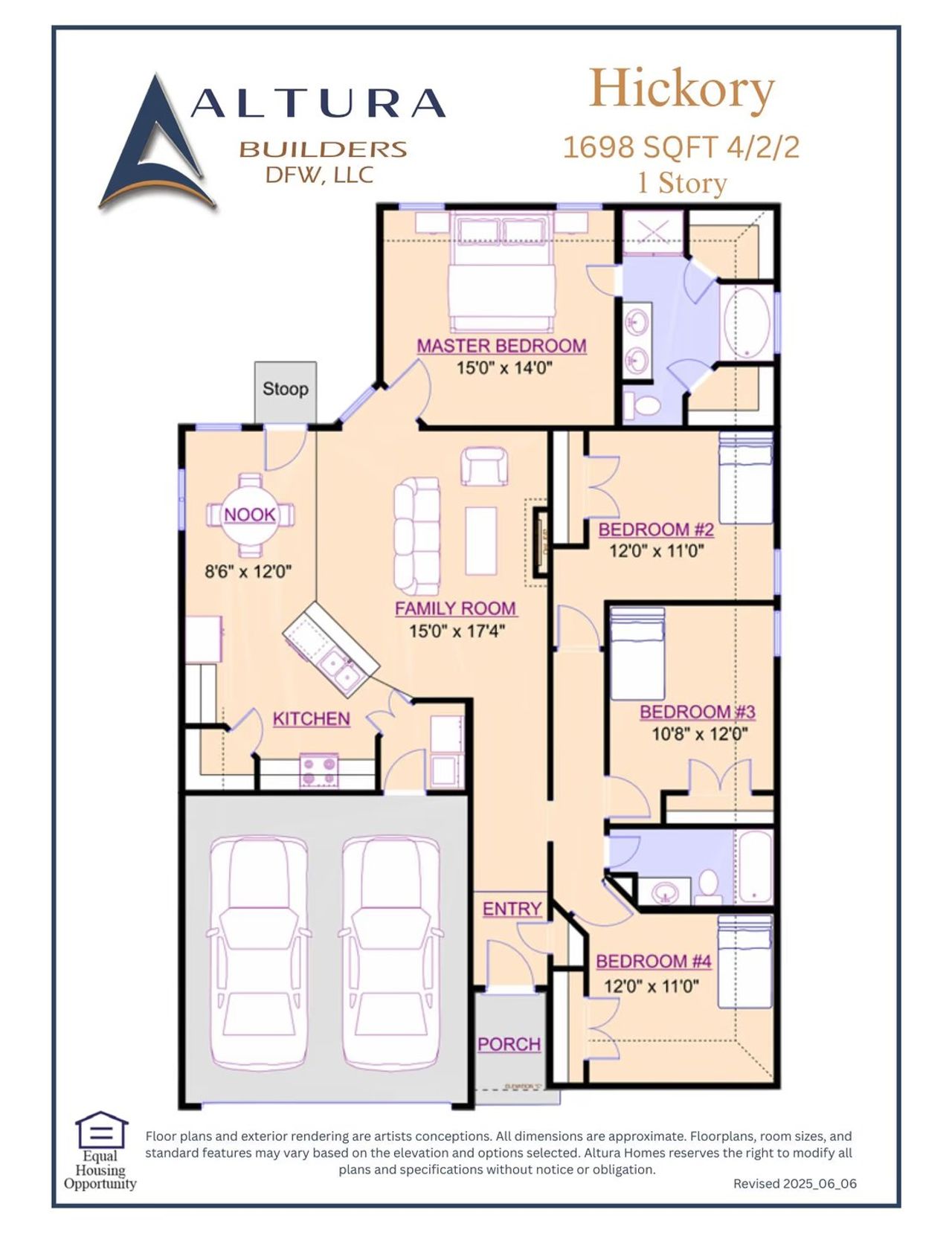 2D floor plan layout for the Hickory by Altura Homes in Fox Landing, Caddo Mills, TX (Image 2).
