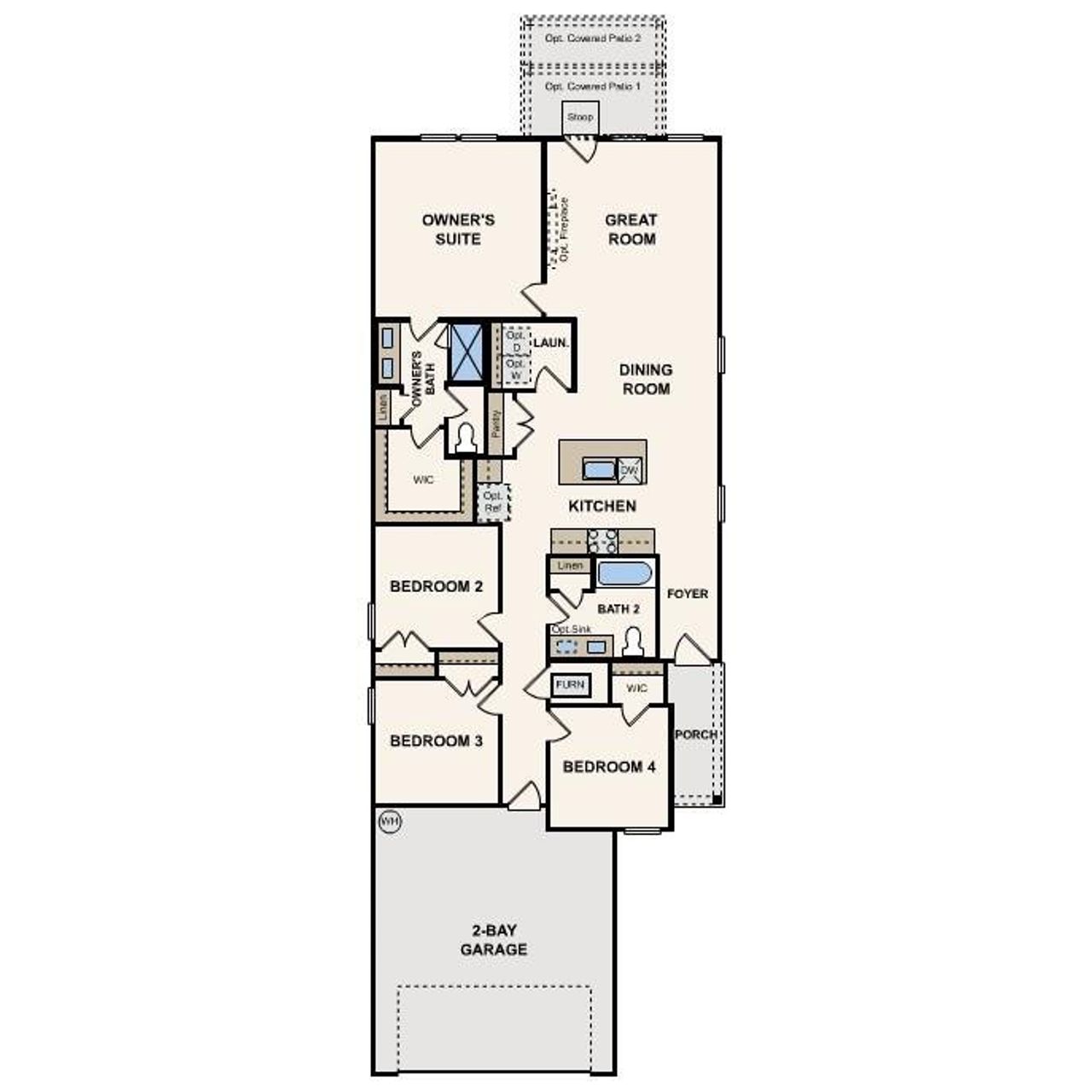 A well-appointed floor plan highlights a spacious owner's suite and an integrated two-bay garage. A well-appointed floor plan highlights a spacious owner's suite and an integrated two-bay garage.