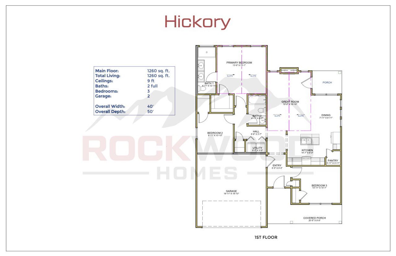 2D floor plan layout for the Hickory by Rockwood Homes in New Hope Estates, Nashville, TN (Image 2).