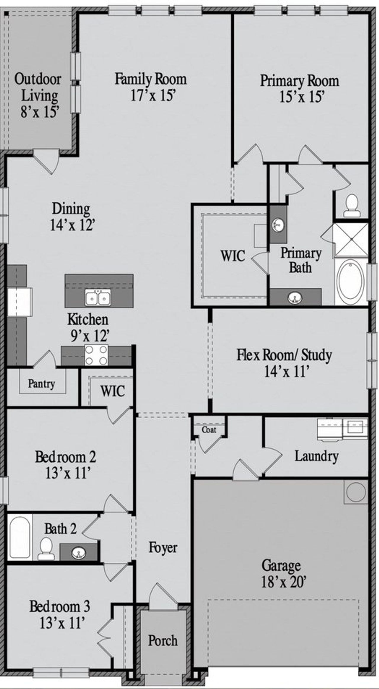 2D floor plan layout for the Colorado by UnionMain Homes in Brookville Estates, Forney, TX (Image 2).