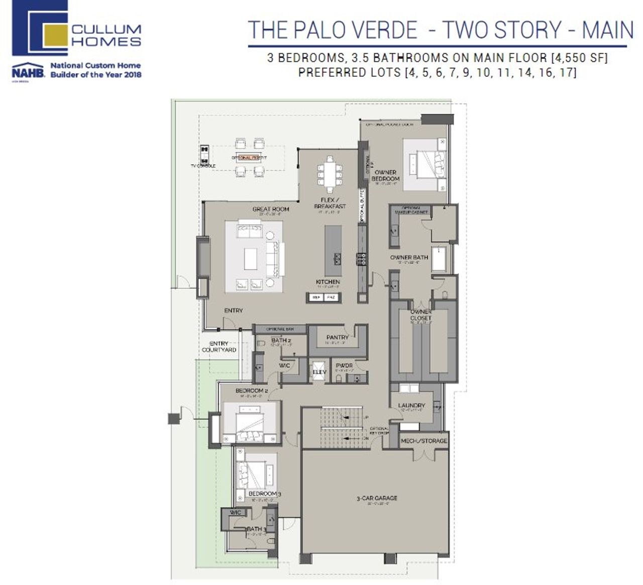 2D floor plan layout for the Palo Verde by Cullum Homes in Village at Seven Desert Mountain, Scottsdale, AZ (Image 2).
