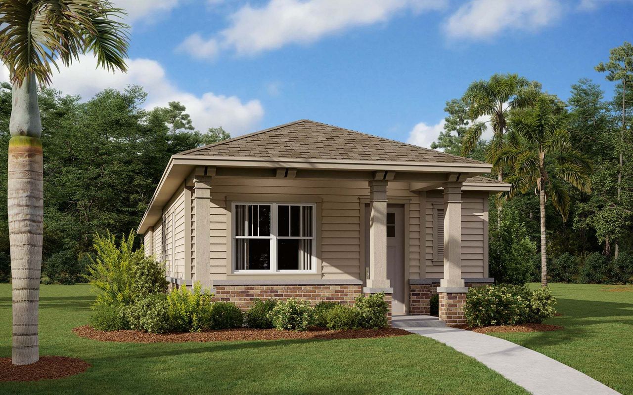 Representative exterior photo of a completed home built from the Hawthorne by Dream Finders Homes in Weslyn Park at Sunbridge (Craft Homes), St. Cloud, FL (Image 2).
