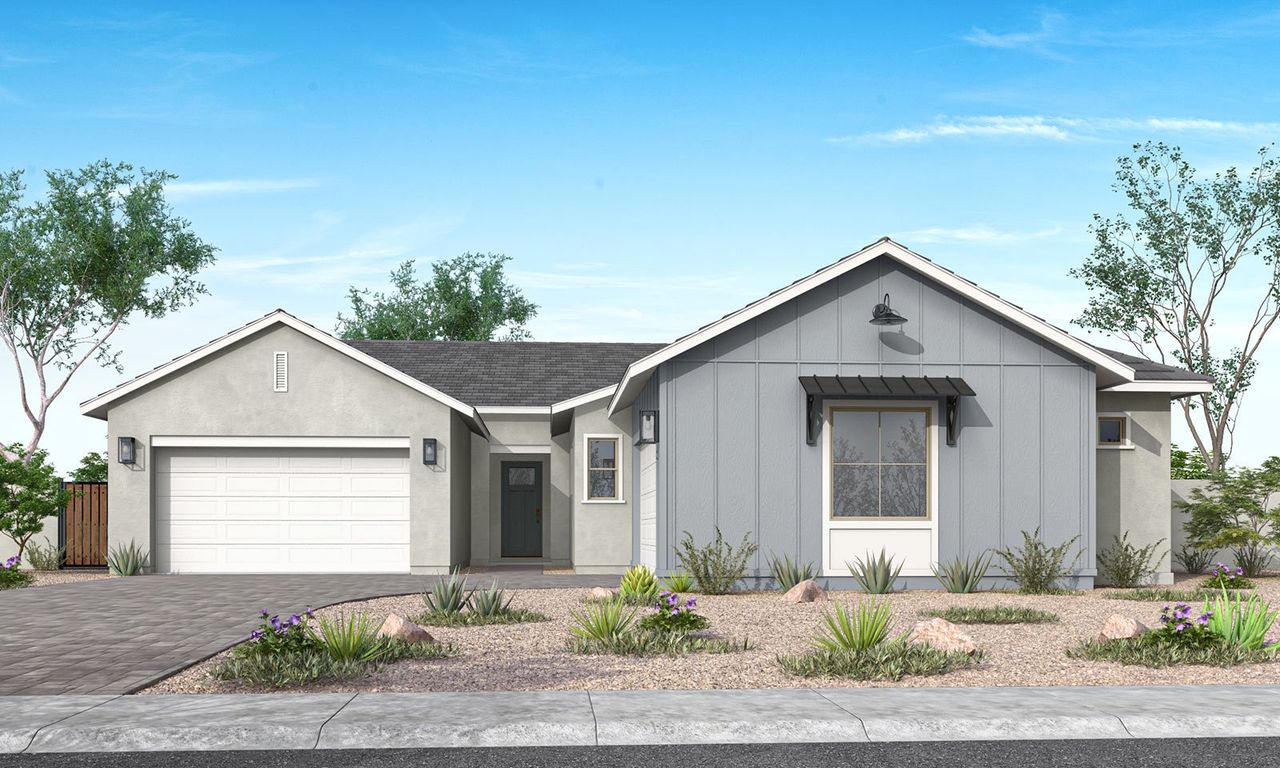 Representative exterior photo of a completed home built from the Pecan Plan 60-4 by Tri Pointe Homes in Navarre at Abel Ranch, Goodyear, AZ (Image 2).