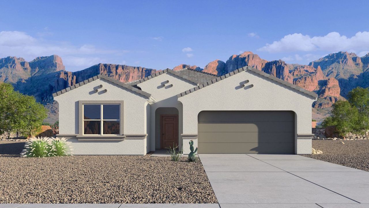 Representative exterior photo of a completed home built from the Taylor by D.R. Horton in Radiance at Superstition Vistas, Apache Junction, AZ (Image 2). Representative exterior photo of a completed home built from the Taylor by D.R. Horton in Radiance at Superstition Vistas, Apache Junction, AZ (Image 2).