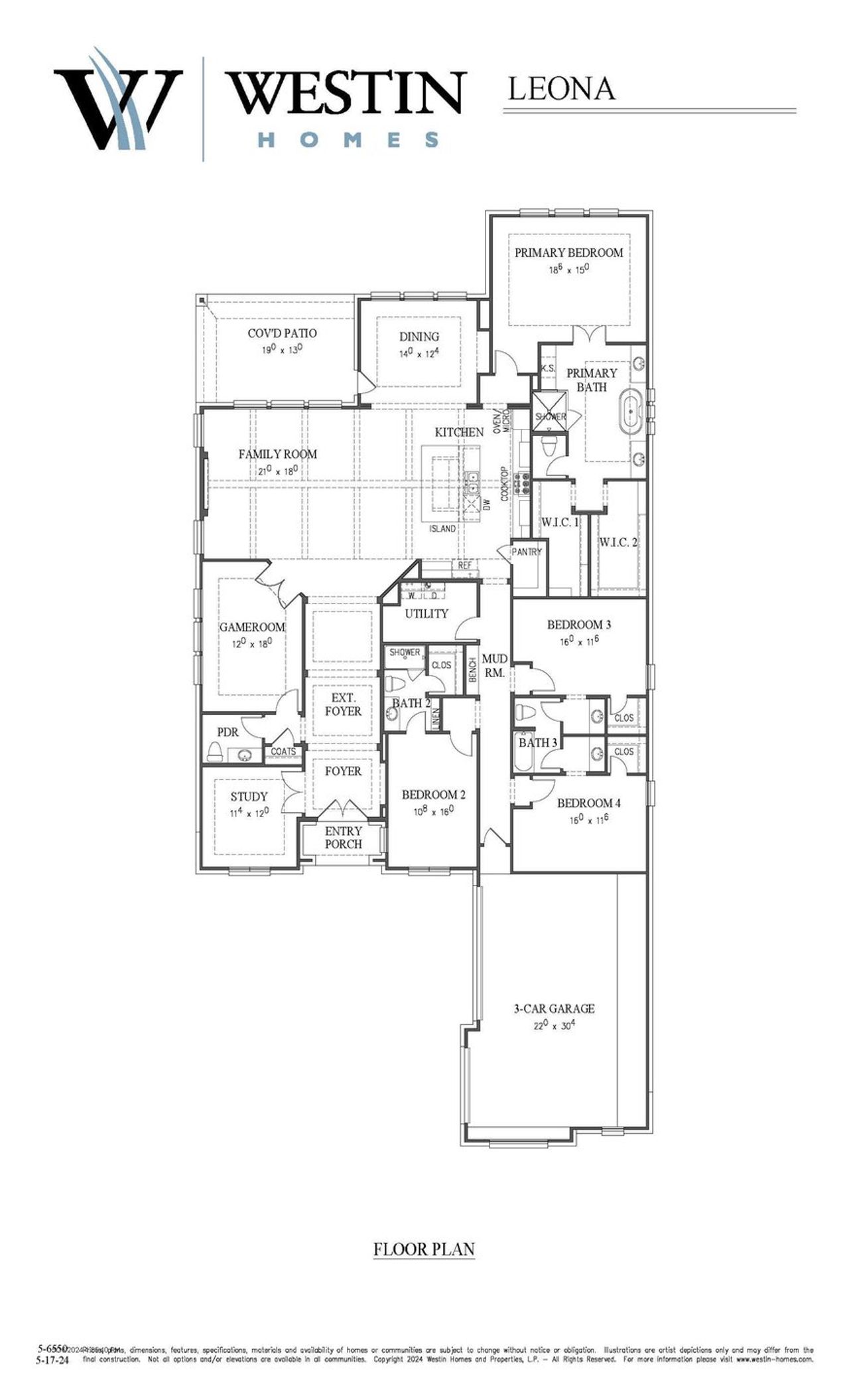 2D floor plan layout for the The Leona by Westin Homes in Kresston - 65', Montgomery, TX (Image 2). 2D floor plan layout for the The Leona by Westin Homes in Kresston - 65', Montgomery, TX (Image 2).