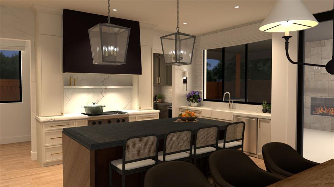 Kitchen rendering with decorative backsplash, light wood-style flooring, exhaust hood, a center island, and a breakfast bar Kitchen rendering with decorative backsplash, light wood-style flooring, exhaust hood, a center island, and a breakfast bar