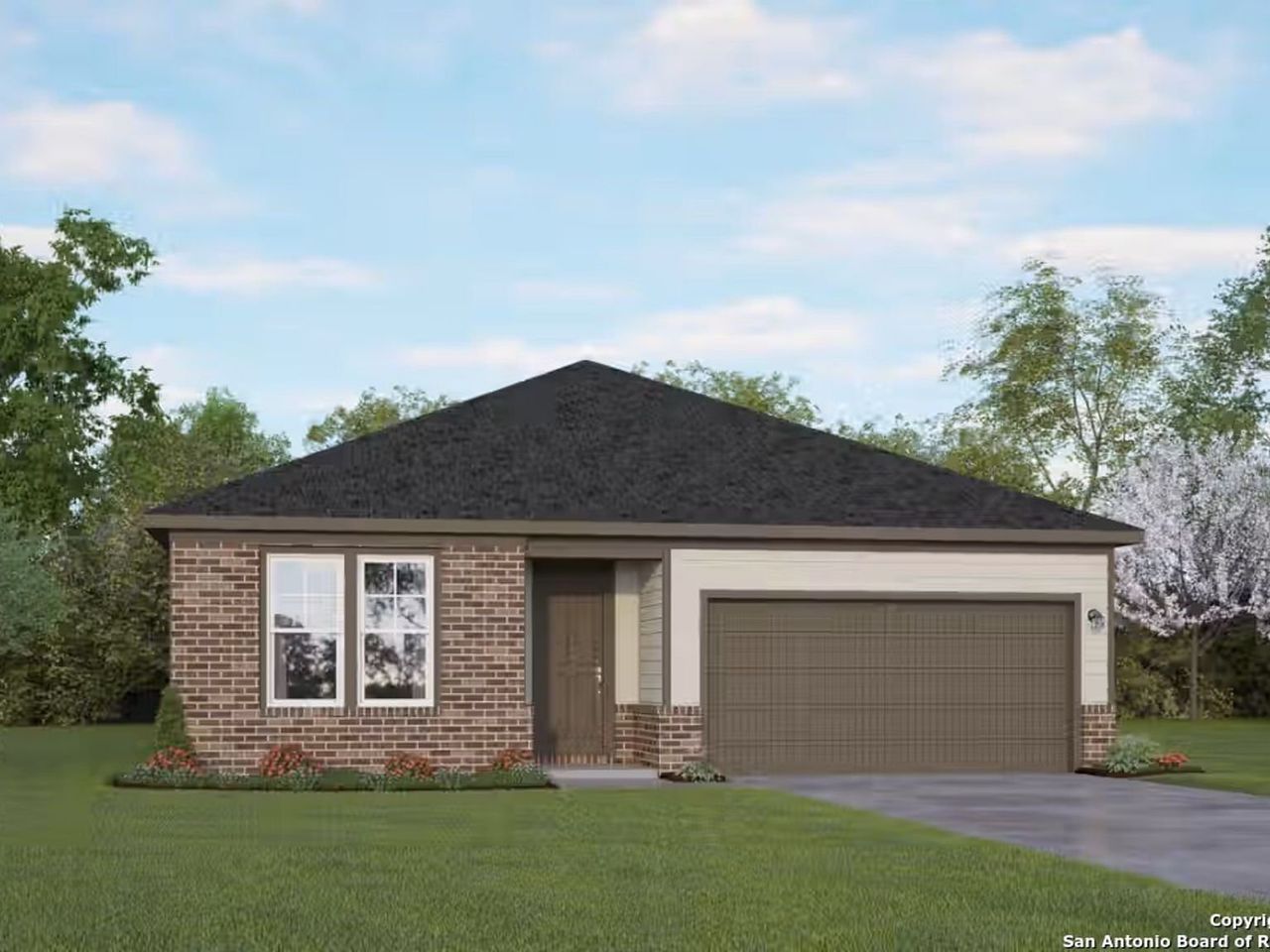 Front exterior of a new home in Hickory Ridge, San Antonio, TX, highlighting curb appeal (Image 2).