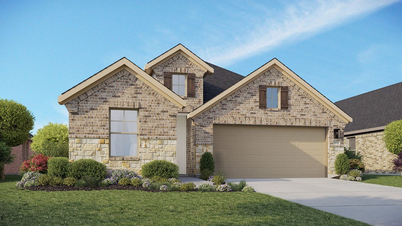 Representative exterior photo of a completed home built from the Fiji by DRB Homes in Parkside on the River, Georgetown, TX (Image 2). Representative exterior photo of a completed home built from the Fiji by DRB Homes in Parkside on the River, Georgetown, TX (Image 2).