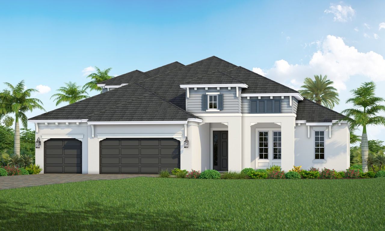 Front exterior of a new home in SkySail, Naples, FL, highlighting curb appeal (Image 2).