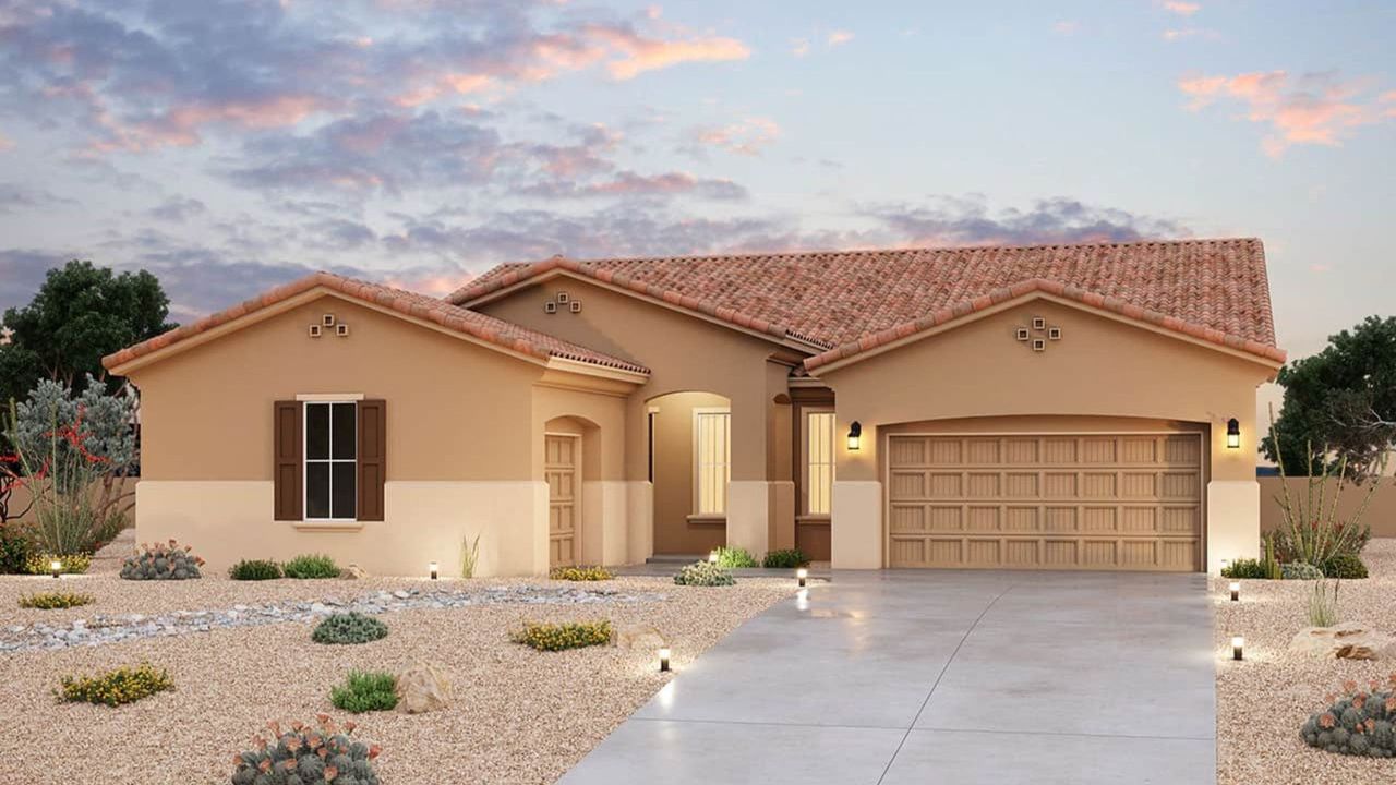 Representative exterior photo of a completed home built from the Seville by Brightland Homes in Arroyo Seco - Palazzo, Buckeye, AZ (Image 2). Representative exterior photo of a completed home built from the Seville by Brightland Homes in Arroyo Seco - Palazzo, Buckeye, AZ (Image 2).