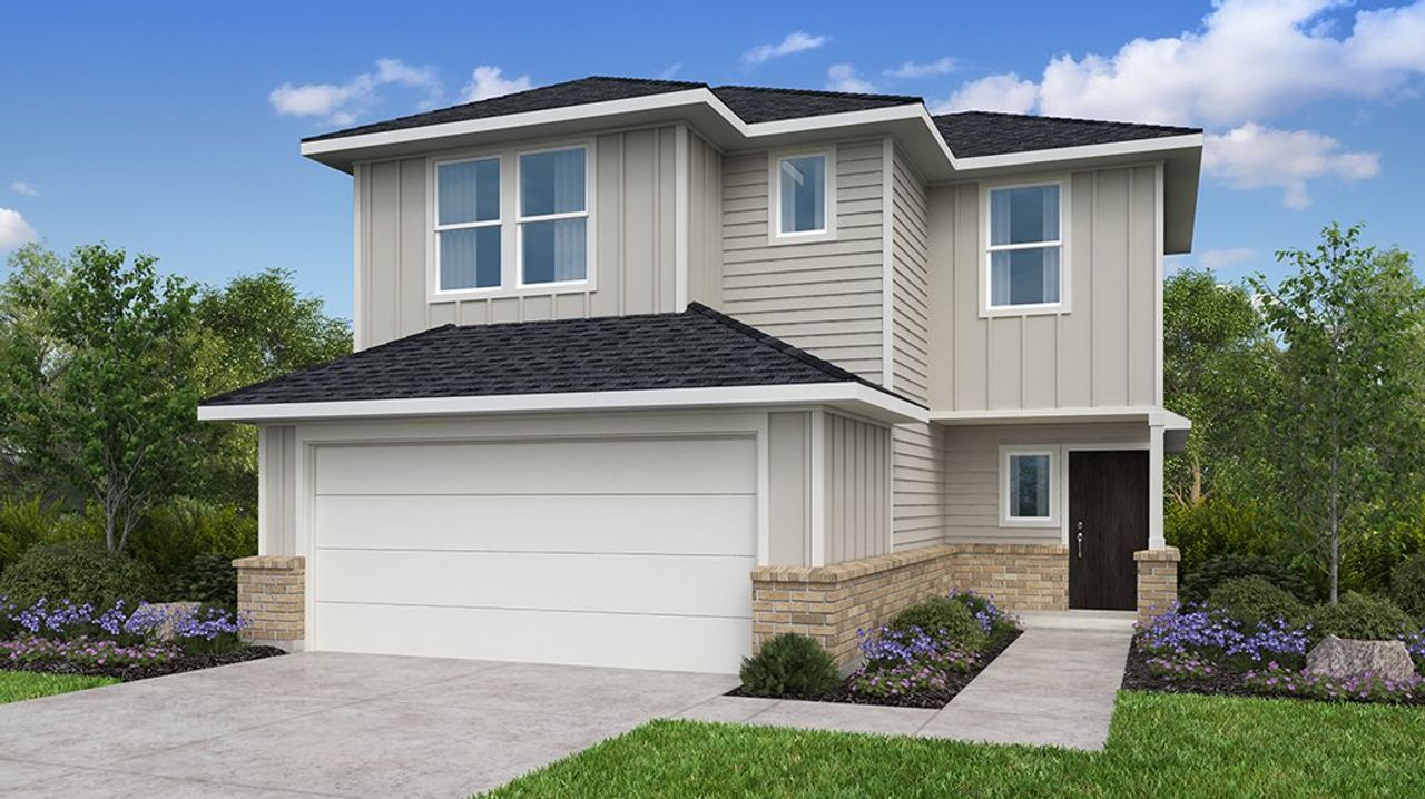 Representative exterior photo of a completed home built from the Juliet by Taylor Morrison in Hockley Meadows 40s, Hockley, TX (Image 2). Representative exterior photo of a completed home built from the Juliet by Taylor Morrison in Hockley Meadows 40s, Hockley, TX (Image 2).