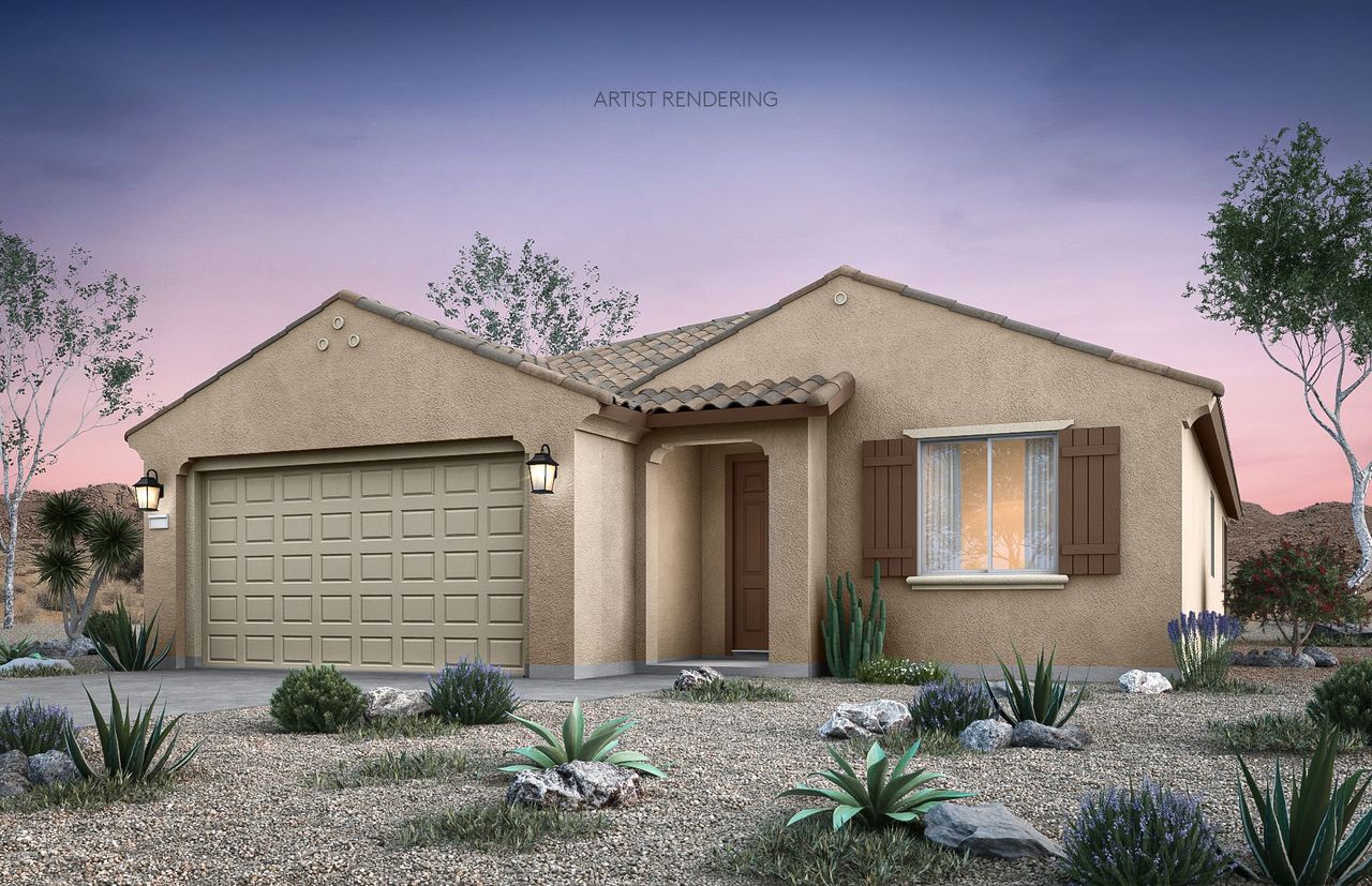Front exterior of a new home in Soleo, San Tan Valley, AZ, highlighting curb appeal (Image 2). Front exterior of a new home in Soleo, San Tan Valley, AZ, highlighting curb appeal (Image 2).