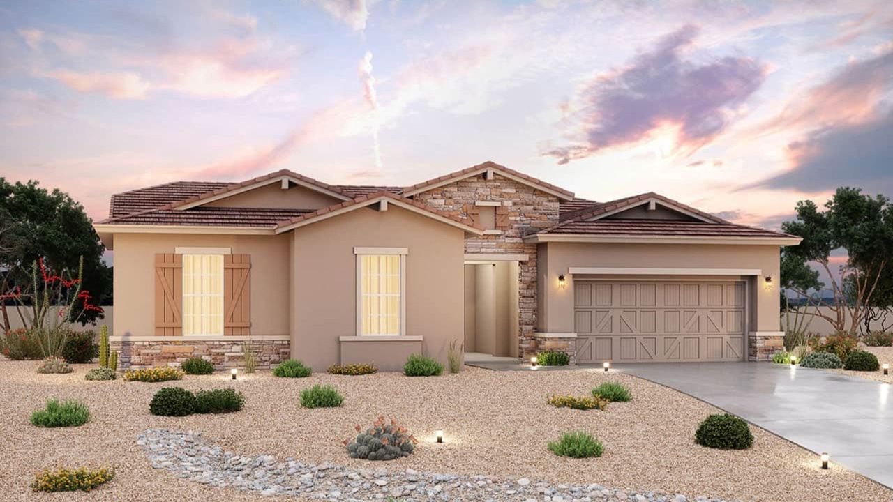 Front exterior of a new home in Arroyo Seco - Palazzo, Buckeye, AZ, highlighting curb appeal (Image 2). Front exterior of a new home in Arroyo Seco - Palazzo, Buckeye, AZ, highlighting curb appeal (Image 2).