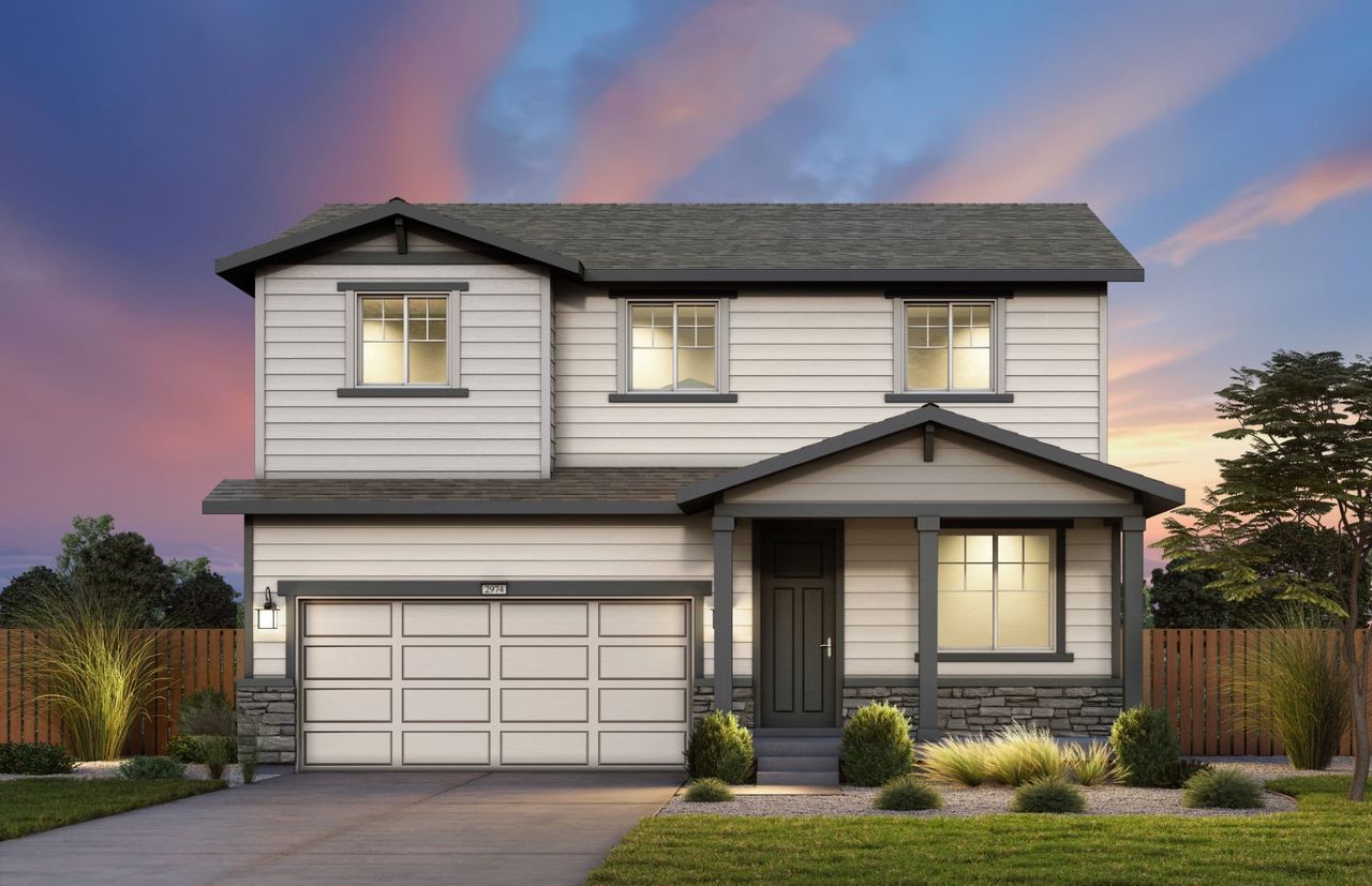 Front exterior of a new home in Wolf Creek Run West, Strasburg, CO, highlighting curb appeal (Image 2). Front exterior of a new home in Wolf Creek Run West, Strasburg, CO, highlighting curb appeal (Image 2).