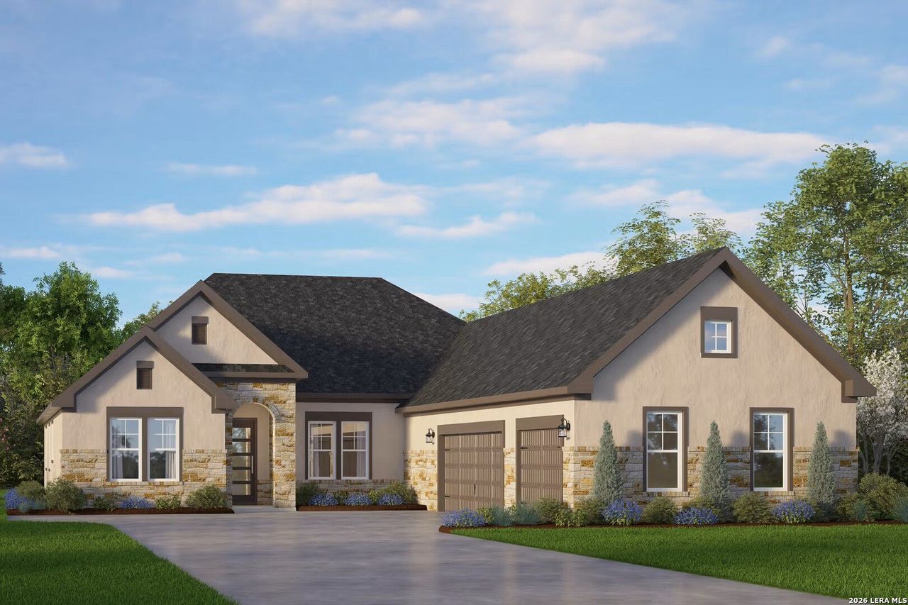 Front exterior of a new home in Potranco Oaks, Castroville, TX, highlighting curb appeal (Image 2).